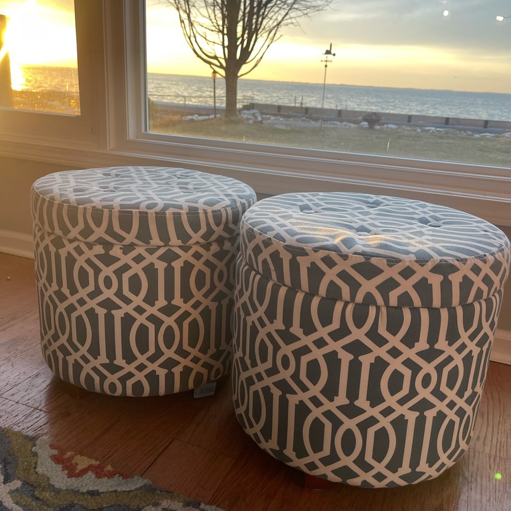 Blue and White Geometric ottomans with storage